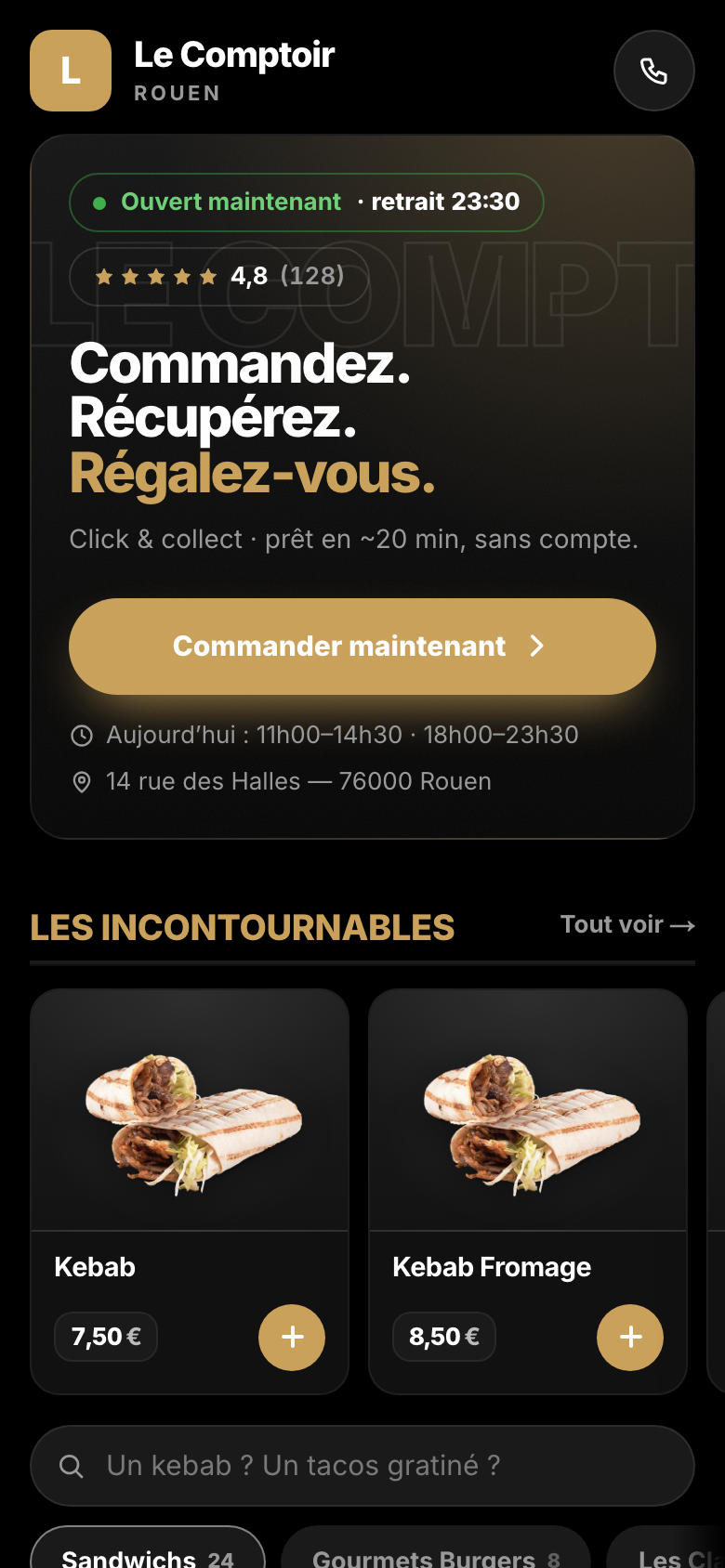 Commande en ligne Snack Manager sur téléphone : carte du restaurant et click and collect