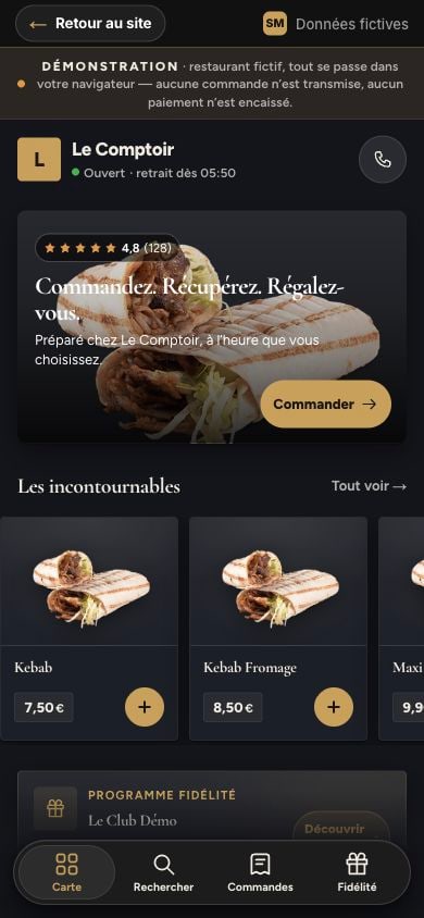 Commande en ligne sur mobile : carte du restaurant et panier